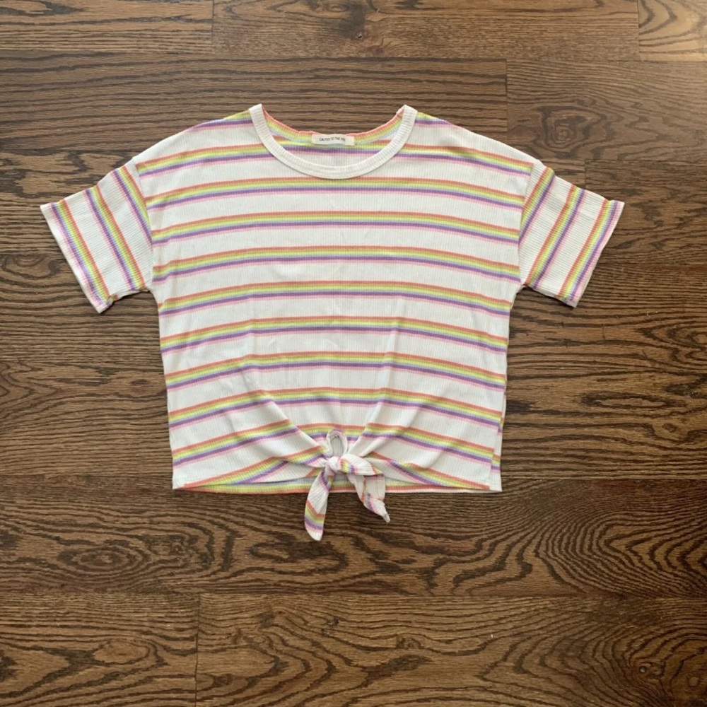 Caution to the Wind Rainbow Striped Top Tie Front Cropped Women's Size Medium